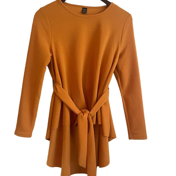 SHEIN Tops - Shein Top Women Size 6 Orange Crew Neck Long Sleeve Tiered Belted Pullover